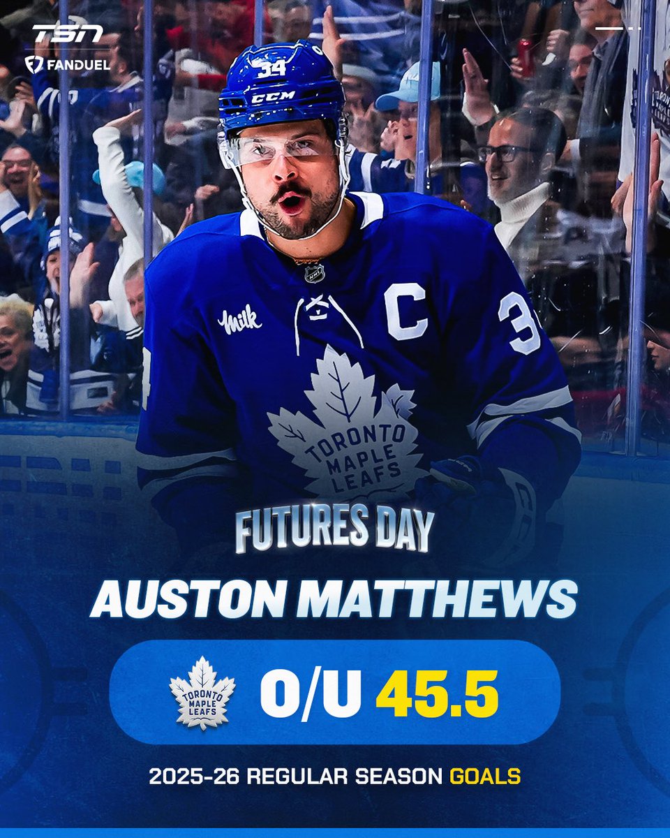 TSN_Edge's tweet photo. How many goals will Auston Matthews score in the 2025-26 NHL regular season⁉️

@FanDuelCanada set the over/under at 45.5 for the Maple Leafs captain 👀

MORE: https://t.co/SCqDPlWm3O

#FuturesDay https://t.co/2h35ritcla
