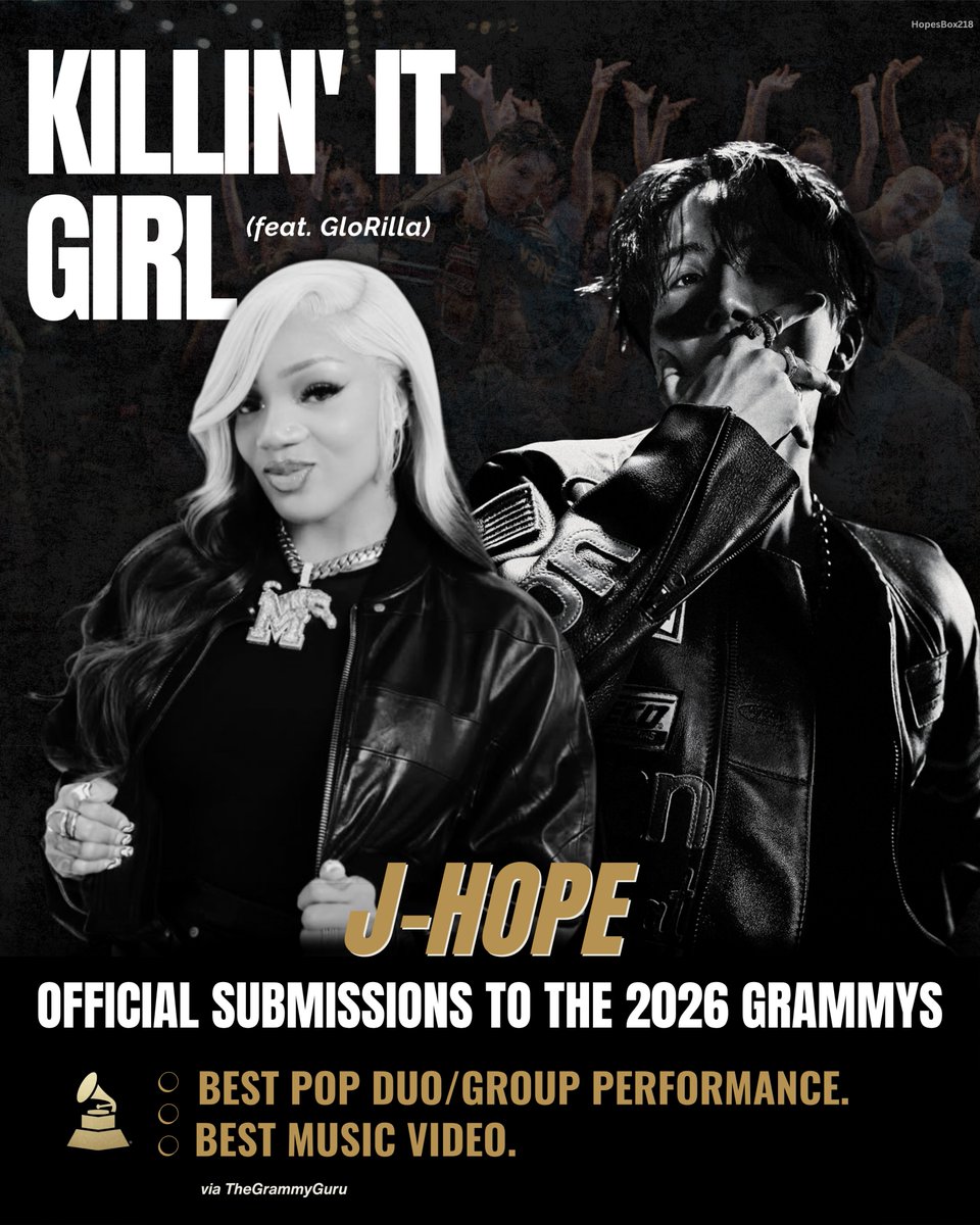 [🚨] Según <a href="/TheGrammyGuru/">The Grammy Guru (Commentary)</a>, “Killin' It Girl (feat. GloRilla)” de j-hope fue presentada a consideración en los Premios Grammy 2026, en las categorías: 

- Best Pop Duo/Group Performance.
- Best Music Video.

#jhope #제이홉 #jhope_KillinItGirl