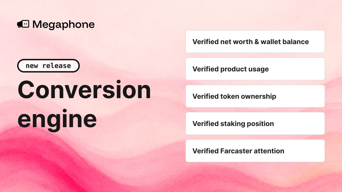 megaphone_hq's tweet image. 🤡 Most campaigns = vanity metrics. 
We’re over it. And we built the fix.
Introducing... Megaphone's Conversion Engine
Projects can use us to get high quality growth:
🐋 Net worth checks
👥 Token ownership and staking check
⚡ Product usage check
+ more
Let's dive in 👇