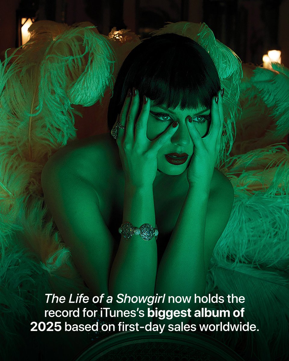 Contando apenas seu primeiro dia, “The Life of a Showgirl” já é o MAIOR álbum de 2025 no iTunes. ❤️‍🔥