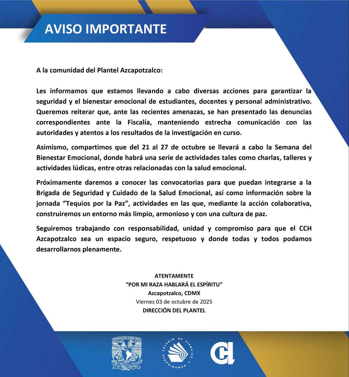 CCHAzcapoUNAM's tweet image. AVISO IMPORTANTE: