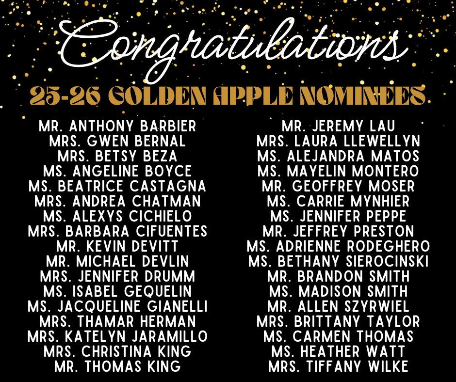 ChallengerLCSD's tweet photo. 🌟🍎 Congratulations to our teachers! 🍎🌟 We are proud to announce the nominees from Challenger Middle for the 2025–2026 Golden Apple Award! Each of these educators has gone above and beyond to inspire, support, and make a difference in the lives of their students every day. 💛 https://t.co/etYoceVS8r