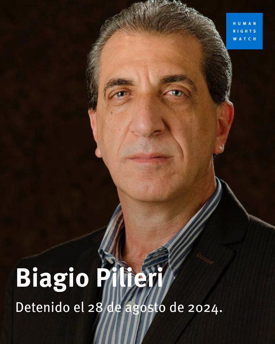 Biagio Pilieri: Funcionarios del SEBIN lo detuvieron junto a su hijo en Caracas el 28 de agosto de 2024. La familia  supo su paradero por el rastreo GPS. Solo han recibido notas suyas y ropa sucia, sin información clara sobre su salud.