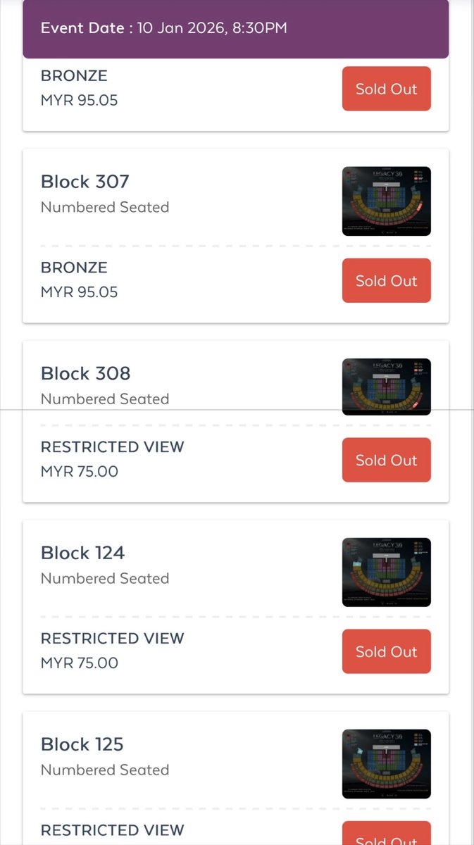 BAD_ARSILA's tweet photo. 🚨 TICKET UPDATE 10:45PM / 3 OCT🚨

60,000 tickets in just 3 days? the frenzy is real! 🏟️✨

✅ SOLD OUT: Silver, Bronze &amp; Restricted View
⚠️ Gold, Diamond, Platinum, VIP &amp; Super VIP — Unable to proceed once the “Not Enough Seats” notification appeared

#Legacy30SitiNurhaliza https://t.co/ysAv6QdXBQ