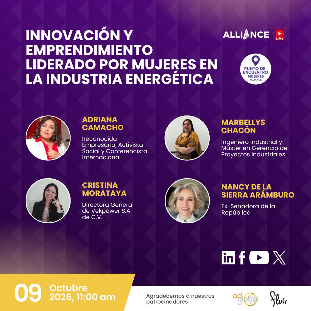 🌟 El panel se fortalece: 4 mujeres líderes mostrarán cómo abrir camino en la energía desde empresa, innovación, consultoría y política pública.

👥 Adriana Camacho | Marbellys Chacón | Cristina Morataya | Nancy De la Sierra

📆 9/10 | 11:00 am
💻 Regístrate y recibe un e-book