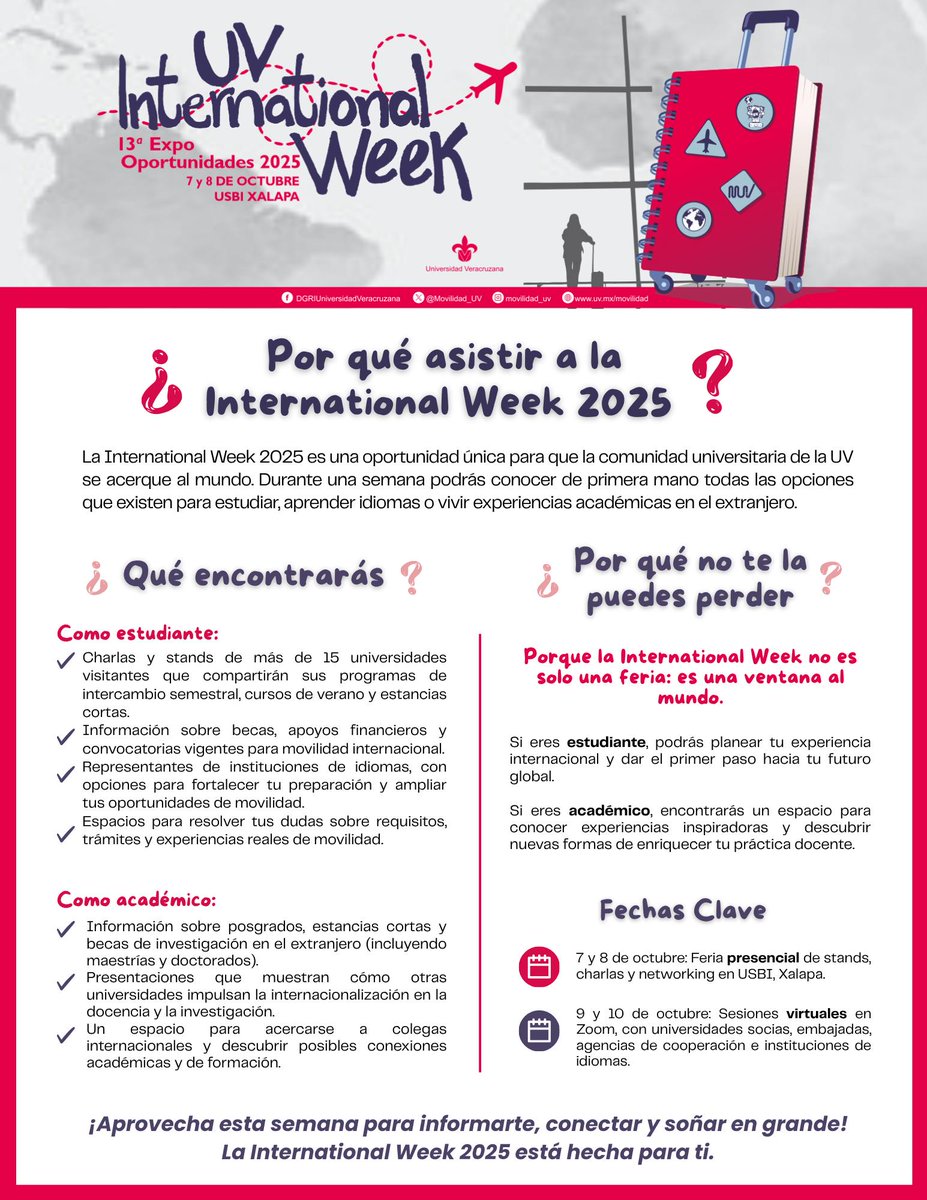 Asiste a la #InternationalWeek2025 donde universidades internacionales, embajadas y agencias de cooperación te brindarán información sobre becas, intercambios, posgrados, idiomas y mucho más.

📅7-8 octubre | Presencial | USBI Xalapa
📅9-10 octubre | Virtual

#UV_Movilidad