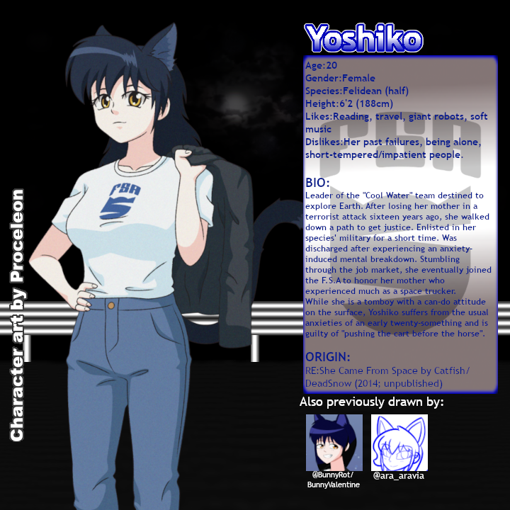 PascalCatfish's tweet photo. Now I can finally share one of the OCs from my in progress sci-fi novel. Her name is Yoshiko. 
Character art made by: @proceleon 
I have also chosen to credit two other artists who have drawn her in the past: @ara_aravia and BunnyRot (https://t.co/3X9xTDU10p) https://t.co/cLMXMcI09u