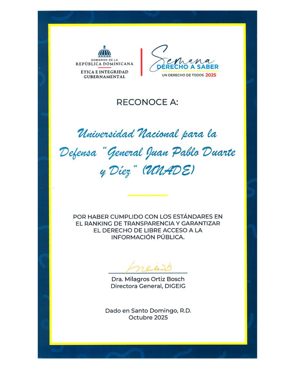 UNADE_RD's tweet image. 🎖️ ORGULLO UNADE 🇩🇴

La Universidad Nacional para la Defensa “General Juan Pablo Duarte y Díez” (UNADE) ha sido reconocida por cumplir con los más altos estándares de transparencia institucional, según el ranking de la Dirección General de Ética e Integridad Gubernamental.