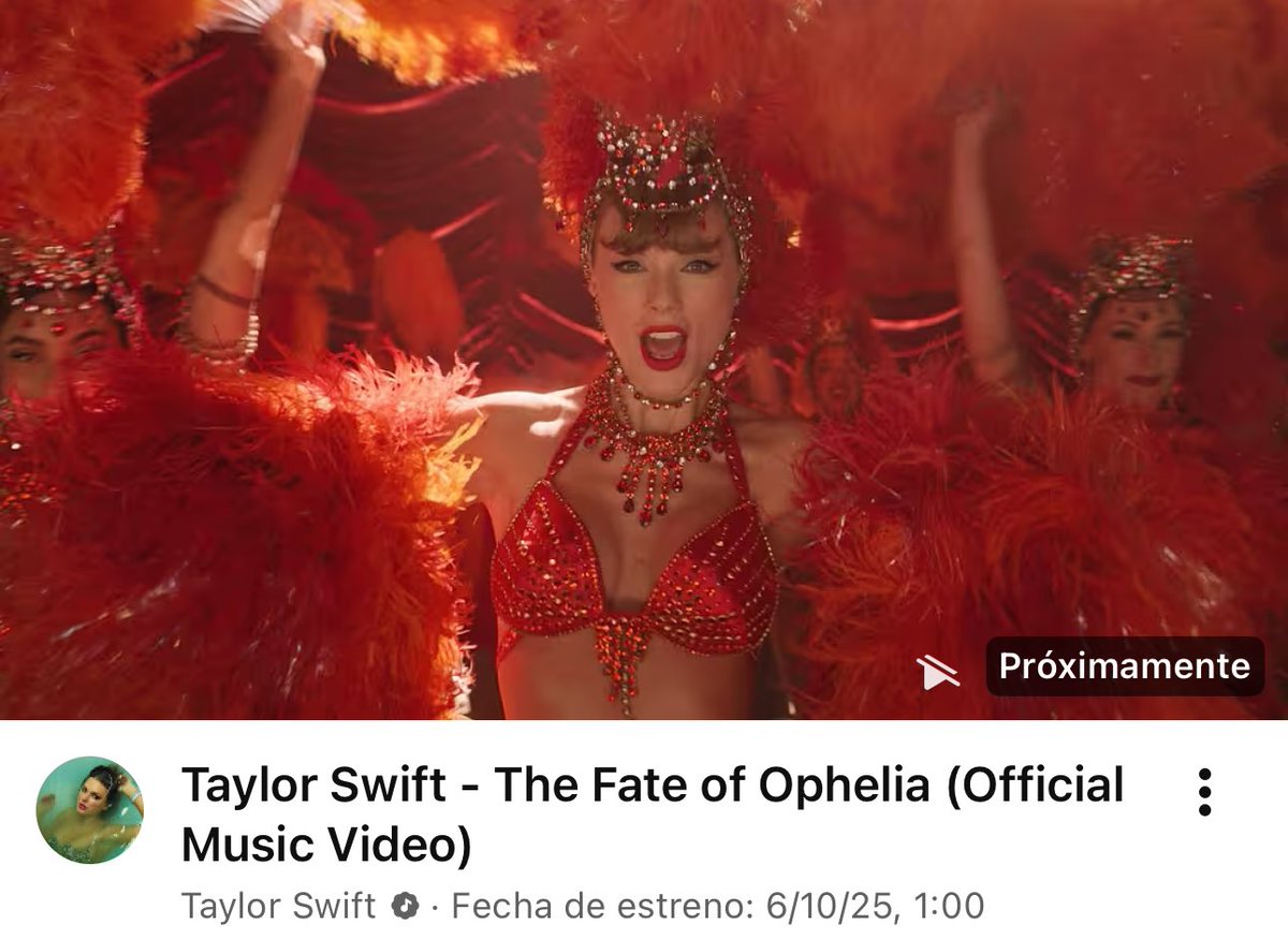 taylorswiftes_'s tweet photo. Ya está disponible la previsualización en youtube del videoclip ‘The Fate of Ophelia’ que se estrenará el lunes 6/10 a la 1:00h de la madrugada en horario de 🇪🇸 #TSTheLifeOfaShowgirl 

— Link: https://t.co/JWePd7QadU https://t.co/7TN4YmK8ee