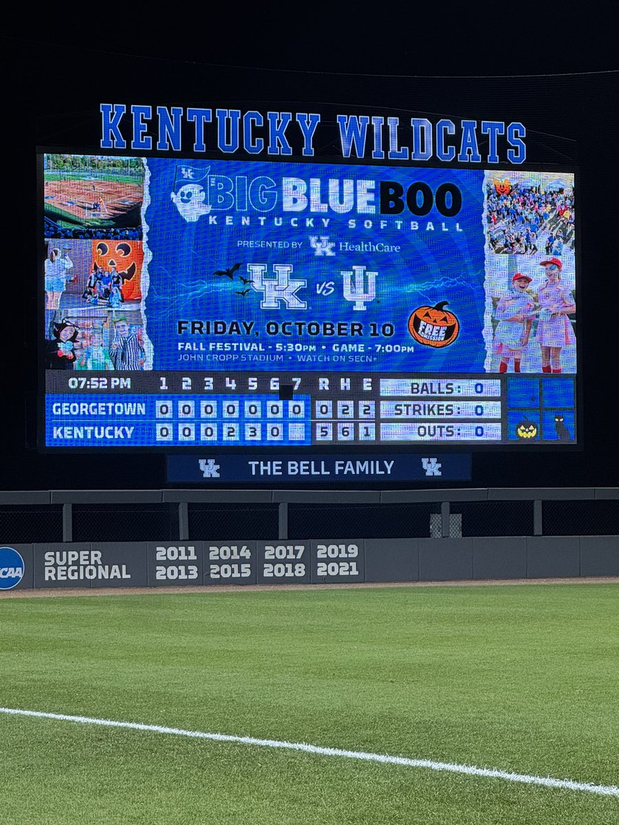 UKsoftball's tweet photo. CATS WIN!! 

Catch the Cats in action next week against Indiana for the Big Blue Boo!! 👻 🎃

Festivities start at 5:30pm 🍭🍬
Game starts at 7:00pm 🥎 https://t.co/Z8OgrF3QPe