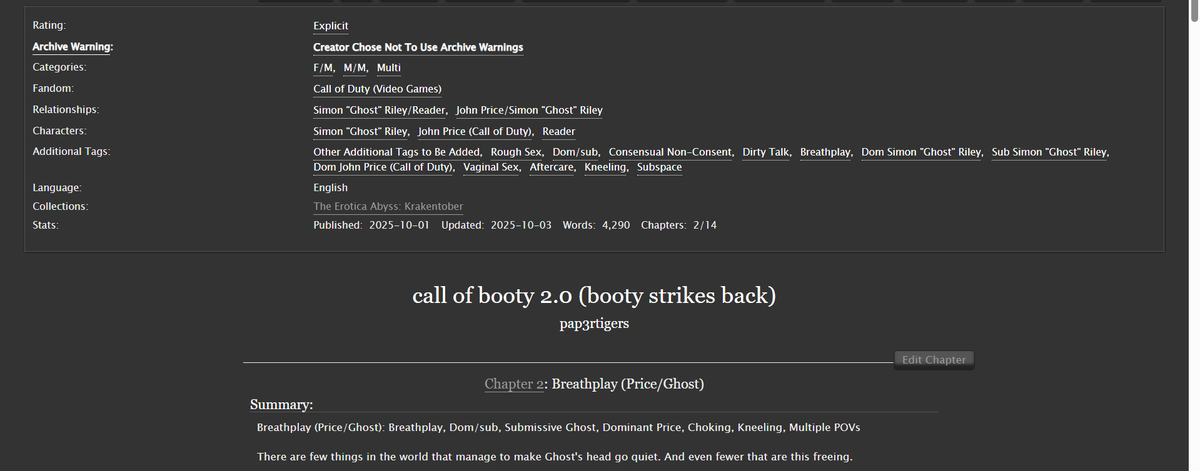pap3rtigers's tweet photo. Another #Kinktober fic has dropped faster than #SimonGhostRiley dropped to his knees for #JohnPrice ! #CallofBooty #GhostPrice #PriceGhost #CODFic #pap3rfics #breathplay
🔗 https://t.co/JwLWHj2Gfn https://t.co/MPliAxgcqI