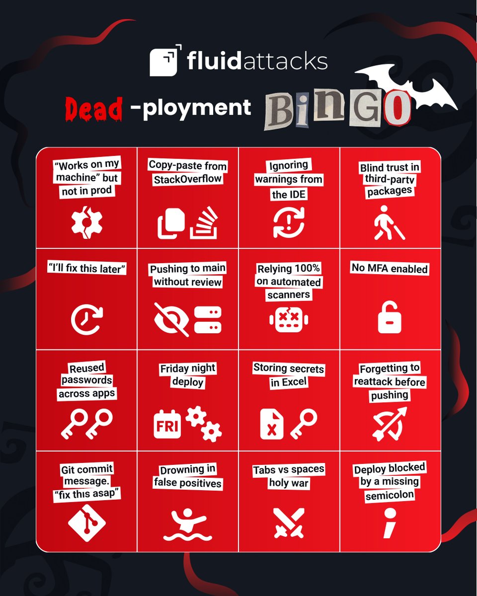 fluidattacks's tweet image. Warning: this bingo might feel too real 💀

We made this bingo of all those “oops” moments devs and sec teams know too well. How many squares did you cross off? 👀