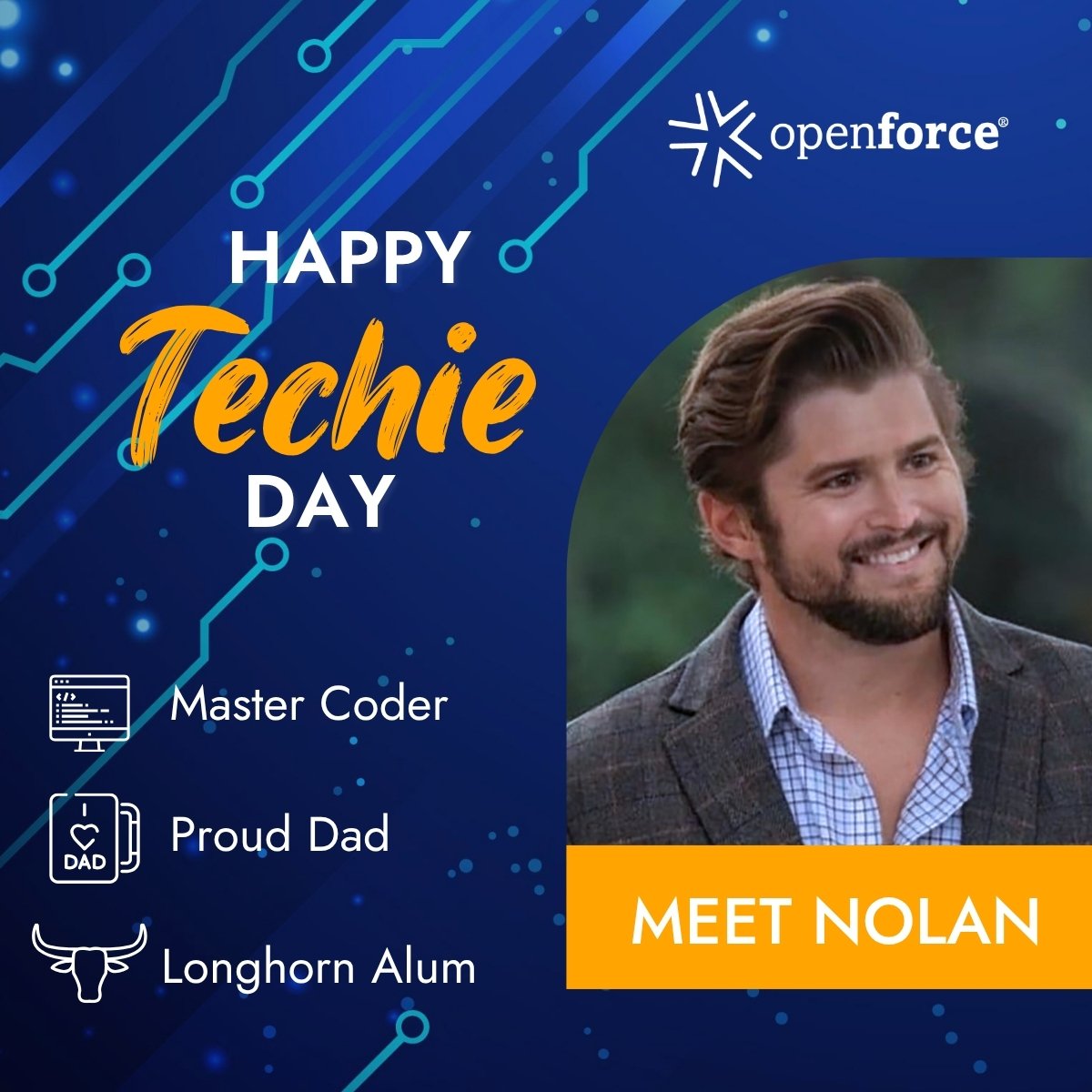 OpenforceTech's tweet image. Today is National Techies Day! 🚀
 
Say hi to Nolan! With 10 years in the field, he says his time at Openforce has been the most rewarding yet because his skills can shine.
 
Here’s to all the techies making big ideas happen every day! 

#NationalTechiesDay #TeamOpenforce