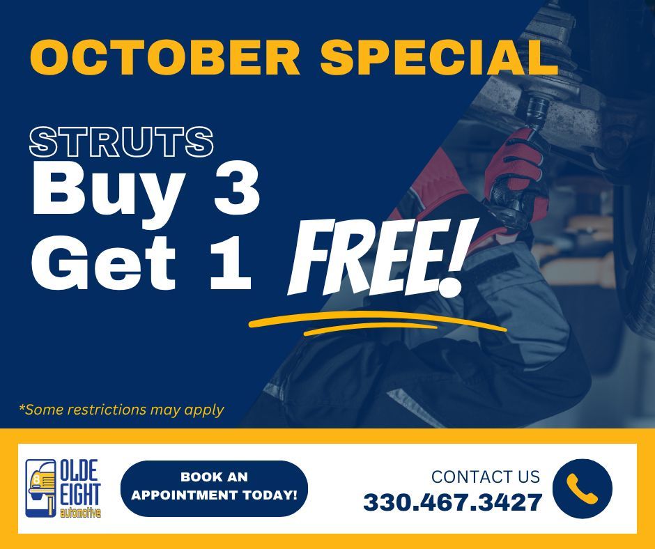 olde8auto's tweet image. 🍁 Fall into savings this October! 🍂 
Buy 3 struts and get 1 FREE! Keep your car safe and stable with this awesome offer. 🛠️

📅 This offer is only available for a limited time, so act fast!

#OctoberSpecial #CarMaintenance #Olde8Auto
