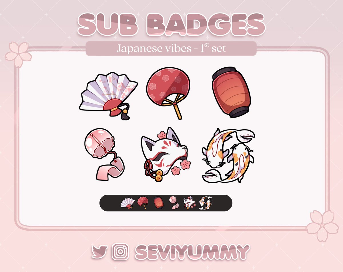 ✨  Japanese vibes Badges for Twitch  ✨

🌸 $5 usd the whole set 🌸

You can find this one and more here:
✨ etsy.com/shop/SeviYummy
✨ ko-fi.com/seviyummy/shop