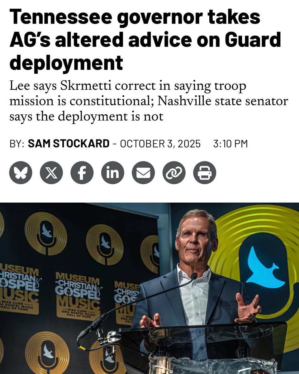 Gov. Bill Lee is inviting a lawsuit.

The facts: The TN Supreme Court previously ruled it UNCONSTITUTIONAL for TN’s GUV to deploy troops for law enforcement. Years later, a federal court did the same thing.

But sure. This Trump mission is A-OK! 😉 tennesseelookout.com/2025/10/03/ten…