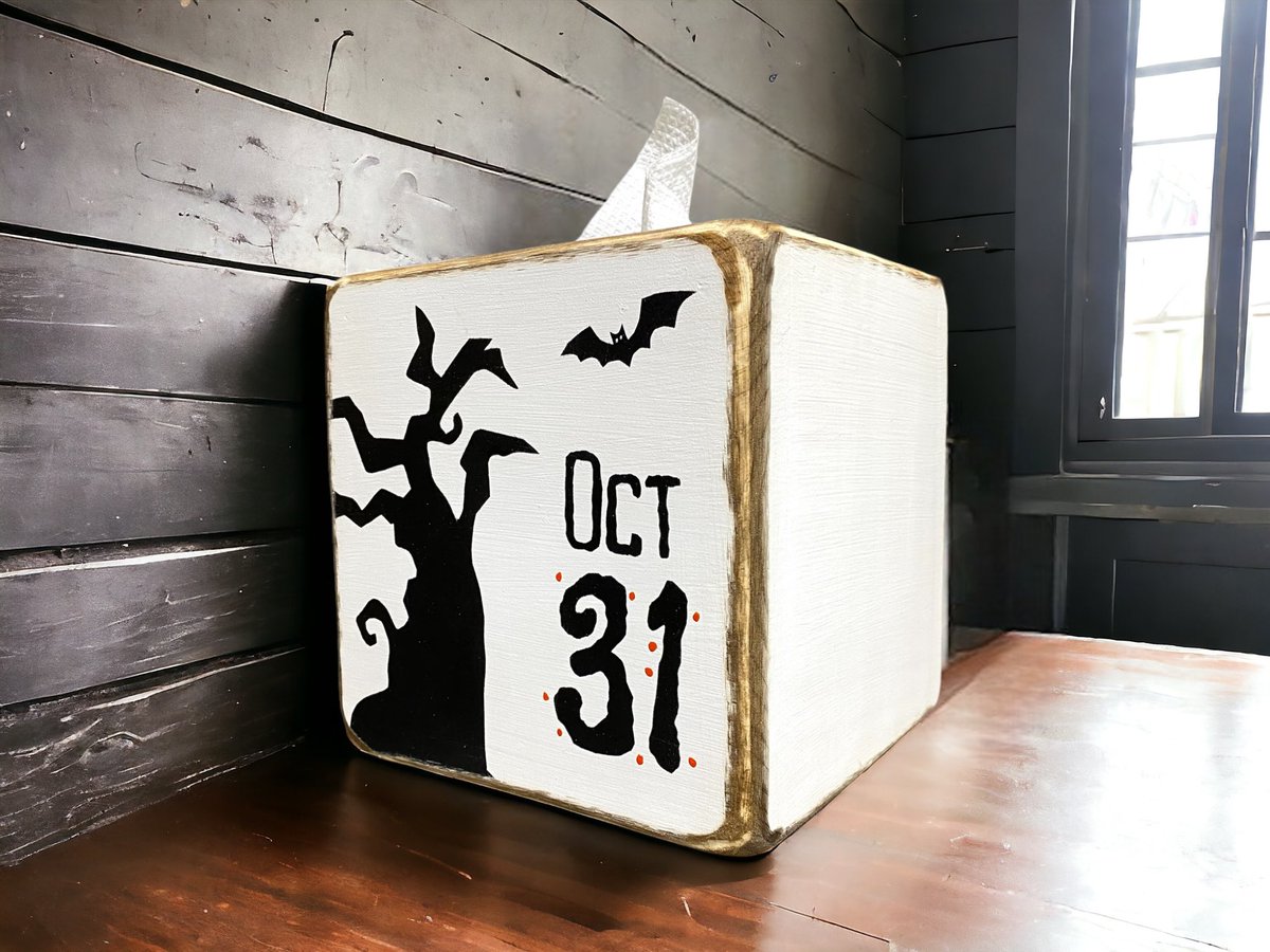 The countdown to Halloween is on!
This Oct 31 tissue box brings some spooky rustic vibes to your home or bathroom! Handcrafted and perfect for  Halloween decorating!
#HalloweenDecor #HappyHalloween #spooky #falldecor