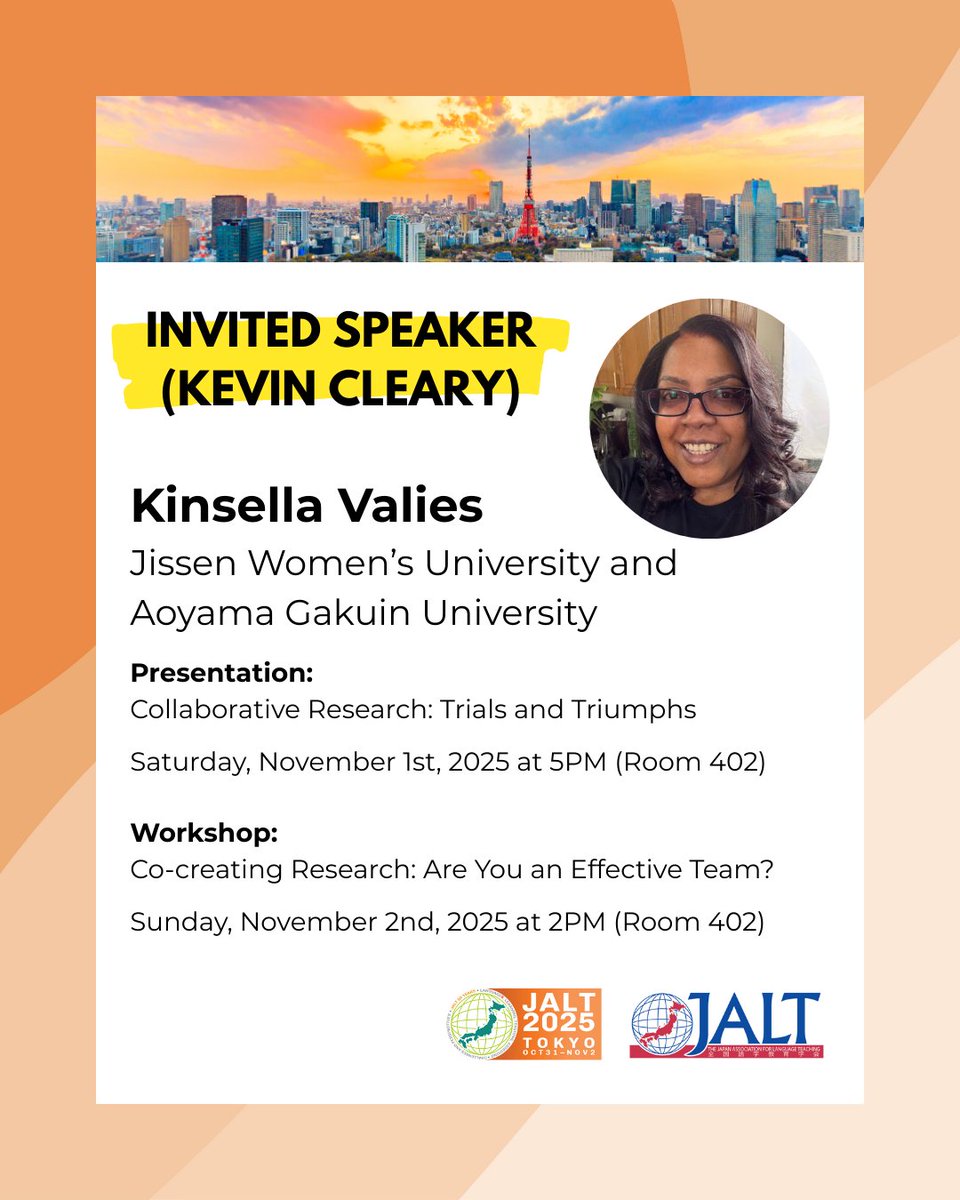JALTConference's tweet photo. JALT2025 (Oct 31-Nov 2, in Tokyo) features two inspirational invited speakers: Ladomchanh Khantry (our Asian Scholar), and Kinsella Valies (our Kevin Cleary speaker). Details: https://t.co/x8WaR3bl71
(Remember, discounted conference fees are available until October 15!) https://t.co/SDWCWdR3Mf