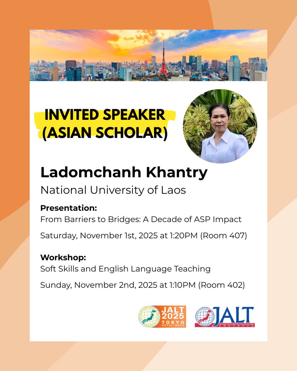 JALT2025 (Oct 31-Nov 2, in Tokyo) features two inspirational invited speakers: Ladomchanh Khantry (our Asian Scholar), and Kinsella Valies (our Kevin Cleary speaker). Details: jalt.org/conference/jal…
(Remember, discounted conference fees are available until October 15!)