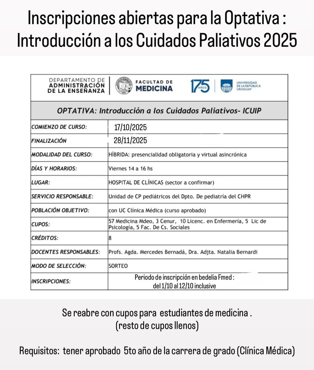 #Nuevaoptativa

Inscripciones abiertas para estudiantes de medicina 🙌🏻

Requisitos 
✅ tener quinto año aprobado

📅 17/10 al 28/11
⏰ Viernes de 14 a 16

Tenés tiempo hasta el 12/10 para inscribirte! 

#paliativosHC #medicina #estudiantes