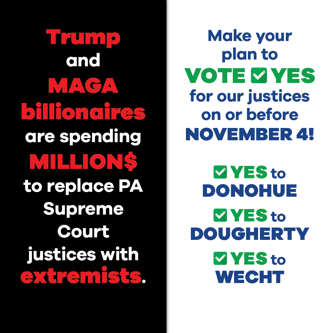 PADemParty's tweet photo. Make your plan to VOTE ✅ YES for our justices on or before NOVEMBER 4! https://t.co/ktv7Mia7AG