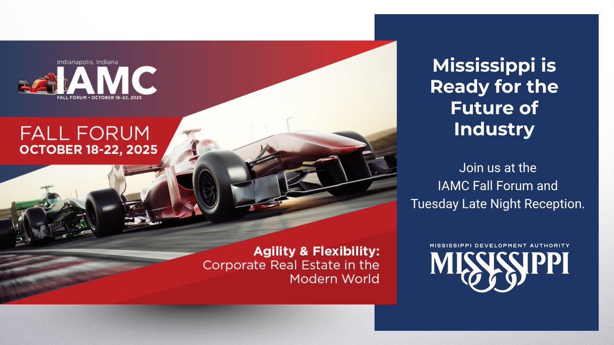 📆 Two weeks until <a href="/IAMCGroup/">IAMC</a> Fall Forum!

Mississippi is ready to connect on the future of industry, from energy to AI.

On Tuesday night, we are hosting the late night reception, and we hope to see you there. 

In Mississippi, real progress is built on real relationships. 🤝