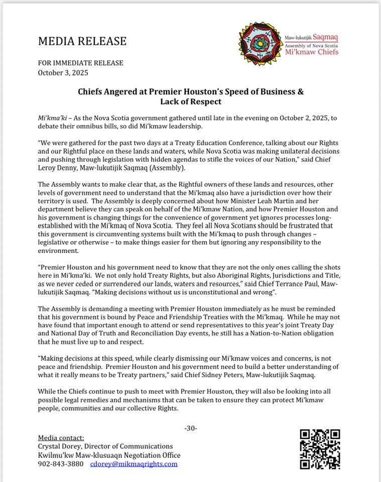 Mi’kmaq Chiefs are angry at <a href="/TimHoustonNS/">Tim Houston</a> and his government for their lack of respect ! Mi’kmaq people have jurisdiction over how their territory is used.

#cdnpoli #nspoli