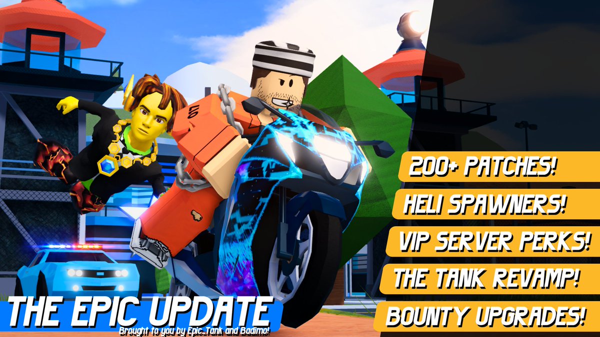 badimo's tweet image. The Epic Update, with 200+ changes, is out now!
๐ 200+ patches, improvements, and more!
๐ Heli Spawners! 
๐ Private Server racetracks, new commands!
๐ Tank revamp!
๐ Bounty upgrades and more!
#Roblox #Jailbreak 
Join in: roblox.com/join/1i95i