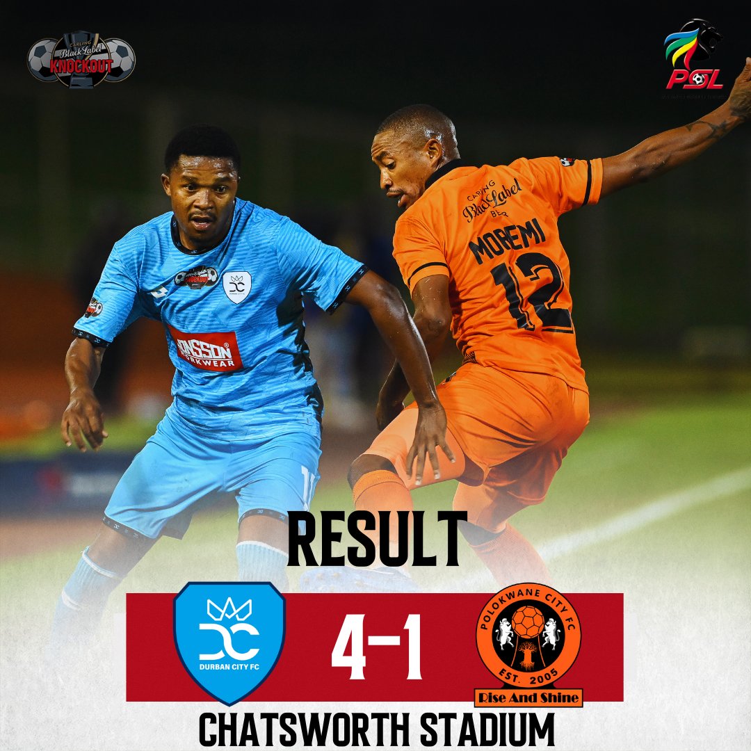 #CarlingKnockout - RESULT:

<a href="/DurbanCity_FC/">Durban City FC</a>  advance to the quarterfinals as they win at home against <a href="/polokwane_city/">#RiseAndShine</a> 

Fezile Gcaba takes home the match ball with his first-ever hat-trick.