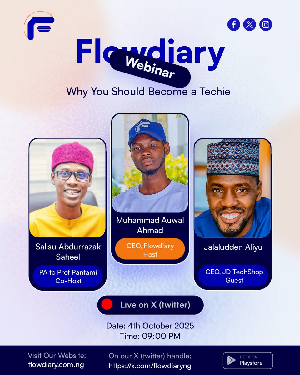 flowdiaryng's tweet image. 🌍💻 Join us this tomorrow? Saturday, 4th October 2025 at 9:00 PM for a powerful conversation with:
Muhammad Auwal Ahmad
Dr. Salisu Abdurrazak Saheel
Malam Jalaluddeen Aliyu
📍 Live on X (Twitter): x.com/flowdiaryng
#FlowdiaryApp #Webinar #Tech #AI