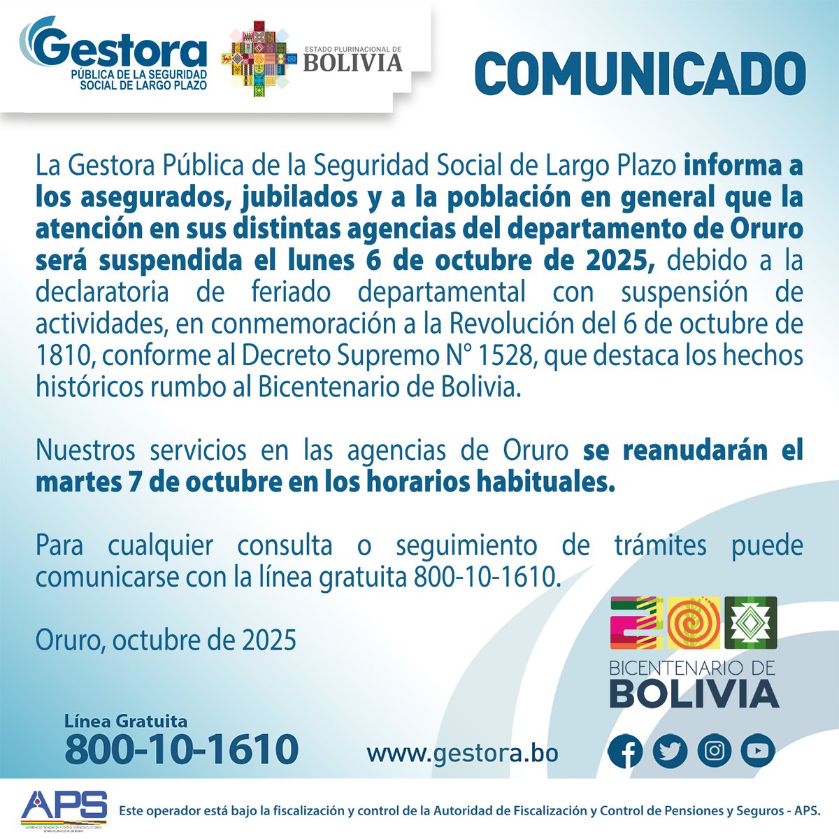 🌐La Gestora Informa 🤳🏻La atención en las agencias del departamento de Oruro se suspenderá este lunes 6 de octubre por la declaratoria de Feriado con suspensión de actividades públicas y privadas, tome nota. 
#LaGestoraAvanza 
#RevoluciónDel6deOctubre