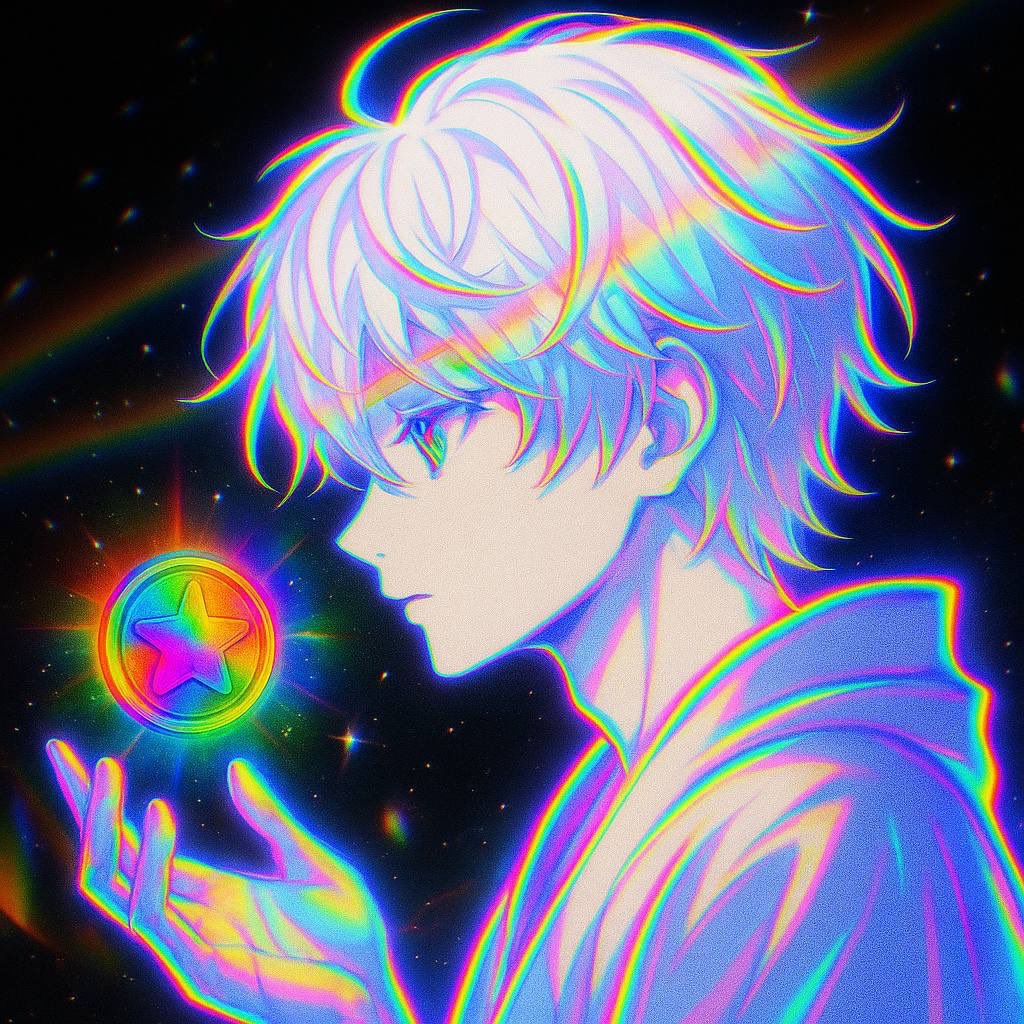 Anime character with white hair holding a rainbow glowing coin with a star