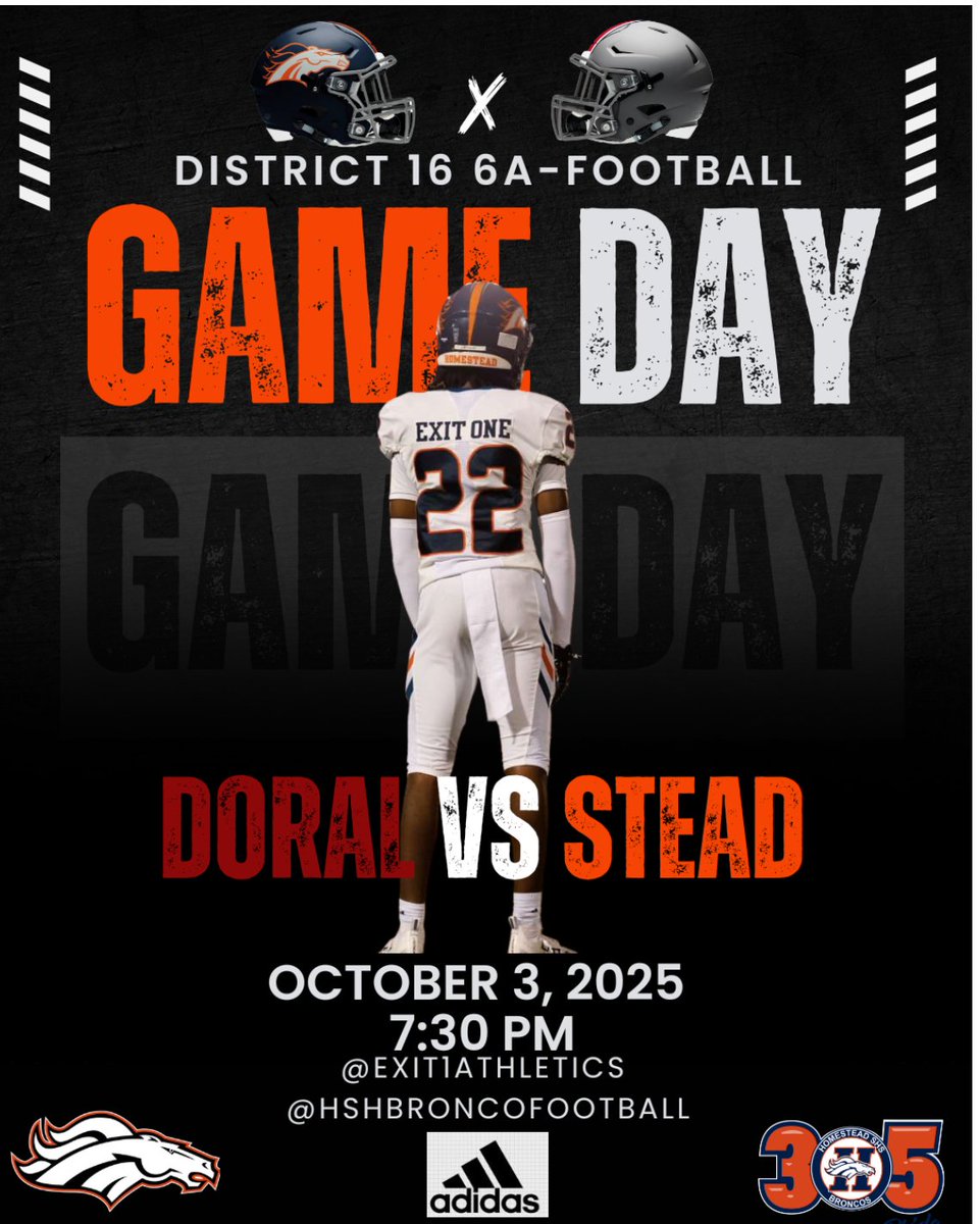 HSHBroncos's tweet photo. 🚨GAMEDAY ALERT🚨
We need a sea of Homestead BLUE tonight❗️Your Broncos take the field looking to ground the @Doral_Academy Firebirds❗️
#Stead #exitONE #BroncoPride 🐎
@Exit1Athletics 🟠REP.THAT.☝🏾🔵
🕢: 7:30 PM
🏟 : Harris Field
Tickets available on @GoFanHS https://t.co/ie3b5KJL5D