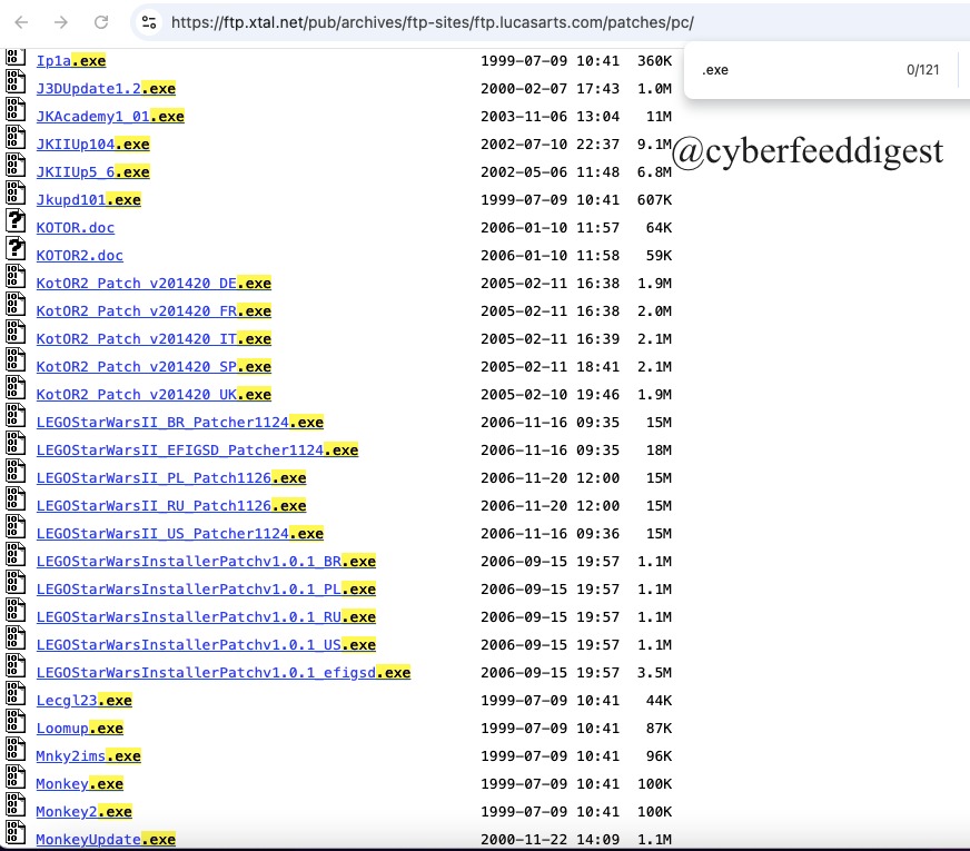 cyberfeeddigest's tweet image. ⚠️ LucasArts Opendir Exposure | #Opendir

Open directory hosting 121 .EXE files found at hxxp://ftp[.]xtal[.]net/pub/archives/ftp-sites/ftp[.]lucasarts[.]com/patches/pc/ — Potential #Malware.For #Malware analysts. Handle with extreme caution; do NOT download or execute.