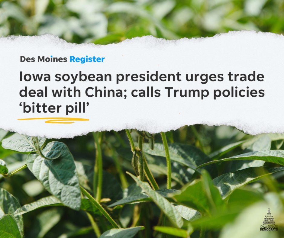 IowaSenate's tweet image. “The crop is here. The quality is proven. The demand exists. What’s missing is the resolve to reconnect America’s farmers with a world of buyers who want to purchase our soybeans.” – Tom Adam, Iowa Soybean Association President