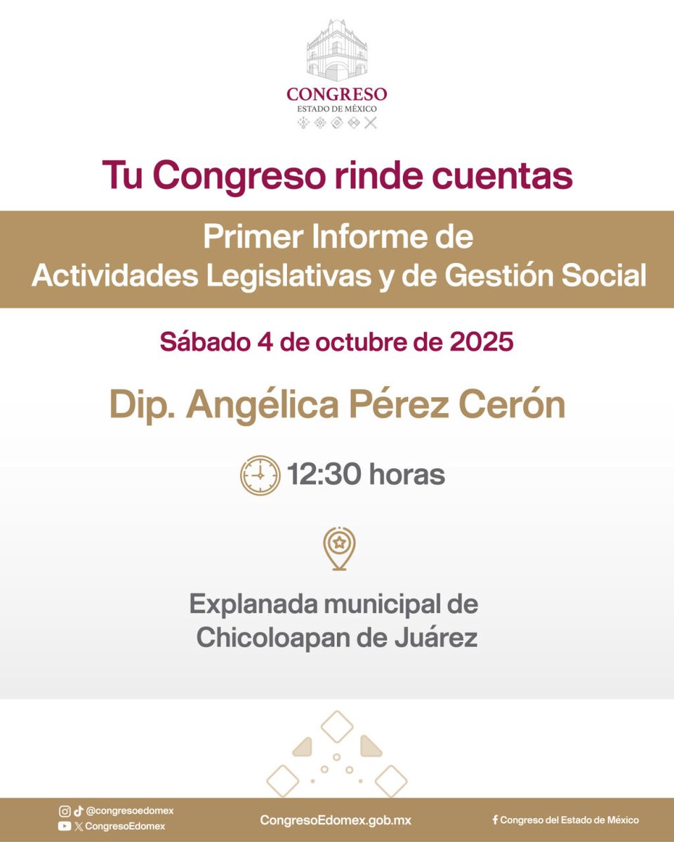 CongresoEdomex's tweet image. 📣 Este sábado 4 de octubre, la Dip. Angélica Pérez Cerón (GP #morena) compartirá con la ciudadanía de #Chicoloapan los resultados de un año de trabajo legislativo y de gestión social.

👉 Acompáñala en su Primer Informe de Actividades.

#CongresoEdomex #InformeLegislativo