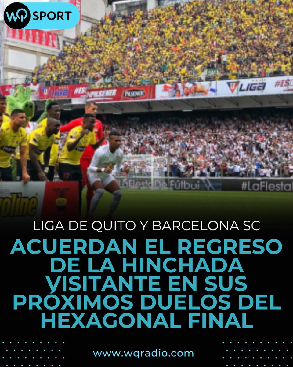 ⚽✨ ¡Histórico! Liga de Quito y Barcelona SC anunciaron que sus próximos duelos por el hexagonal final volverán a jugarse con hinchada visitante en las gradas.

🏟️ El 17 de octubre, en el Rodrigo Paz Delgado, la afición amarilla podrá acompañar a su equipo.
🔥 El 23 de