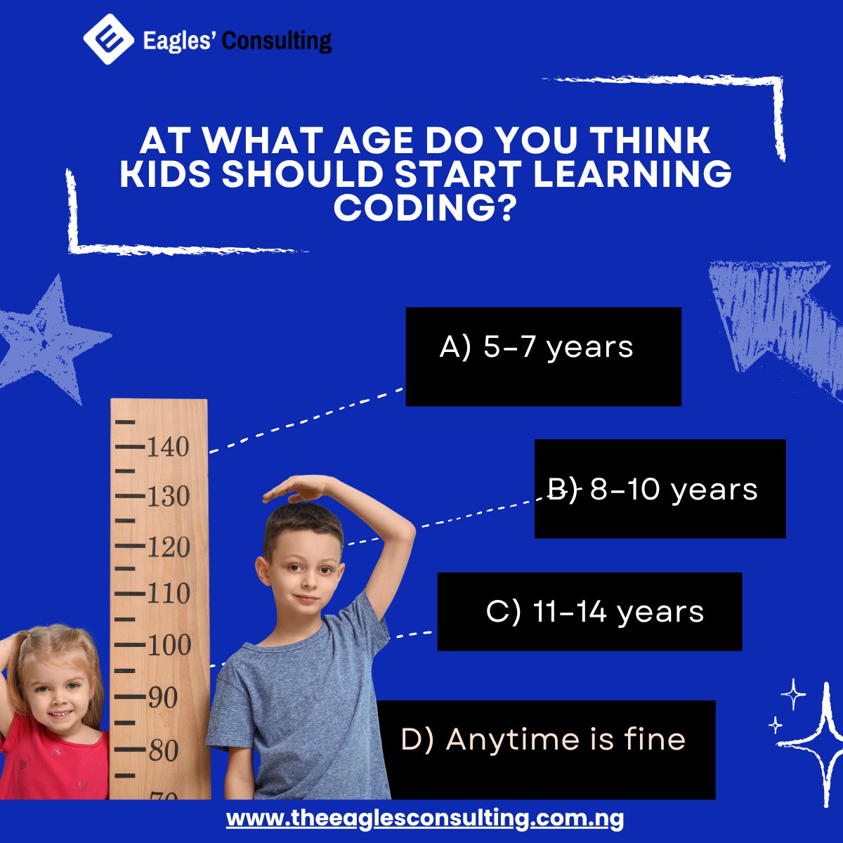 Eagles_Consults's tweet image. As children grow, they learn and become smarter at every stage. However, certain activities are more suitable for specific age.
Drop your answer in the comments section.
#CodingForKids #DigitalSkills #TechEducation #FutureLeaders
#DigitalSolution4SMEs
#Eaglesconsulting