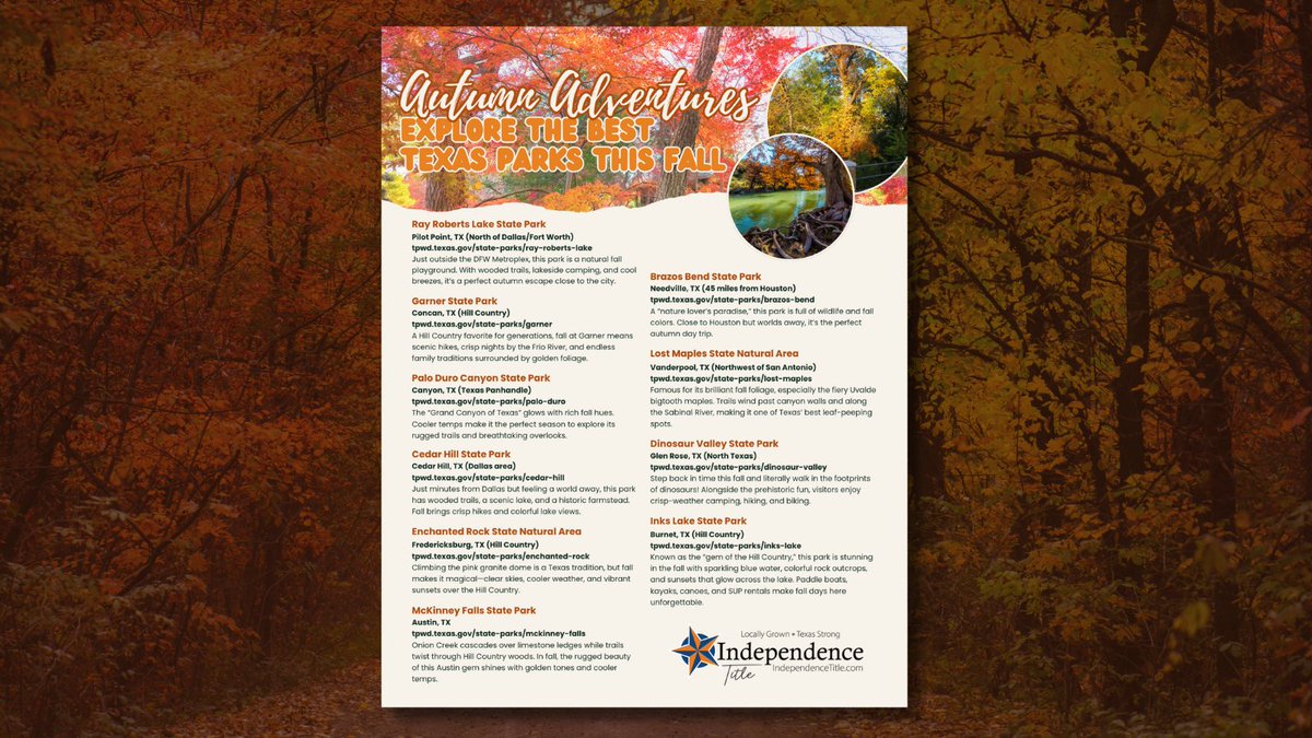 🍁 Fall is the perfect time to explore Texas parks! Crisp air, golden leaves, and stunning trails await. 🌳✨

#TexasParks #FallVibes #ExploreTexas
