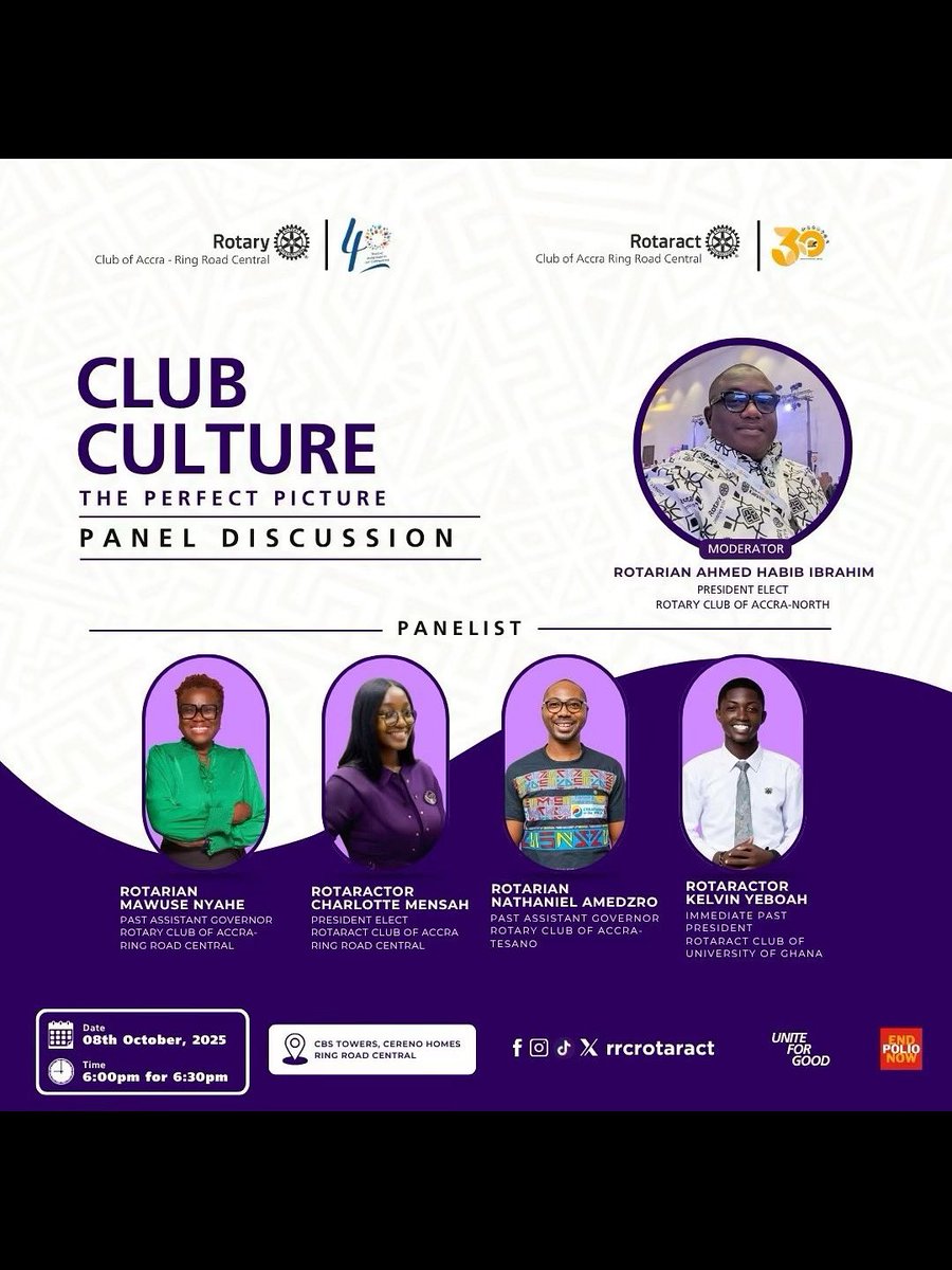 🌸In every organisation, there’s a concept that guides it;
Join Rotary and Rotaract RRC delve into the topic of Club Culture, on &gt;
🗓️Wed, 8th October 2025
⏰6:00 Pm for 6:30 Pm
📍CBS Towers, Cereno Homes 
We paint the Perfect Picture for a better Rotary &amp; Rotaract Experience✨