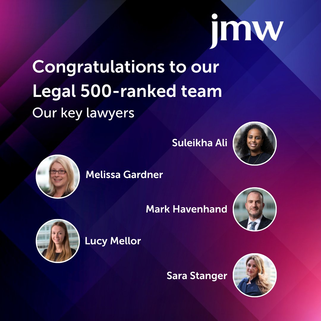 Congratulations to our <a href="/thelegal500/">The Legal 500</a>-ranked team!
⭐ Hall of Fame: <a href="/EddieJonesJMW/">Eddie Jones</a> 
⭐ London Practice Head: <a href="/NicWwright/">Nicola Wainwright</a>
⭐ Leading Partners: <a href="/StevenBrownJMW/">Steven Brown</a>, <a href="/9SQAngharad/">AngharadHughes</a>, <a href="/LeonardsSally/">Sally Leonards</a>, <a href="/JodieMillerLaw/">Jodie Miller</a>
⭐ Leading Associate: <a href="/nickyoungjmw/">Nick Young</a> 
⭐ Key Lawyers: <a href="/suleikha86/">Suleikha Ali</a>