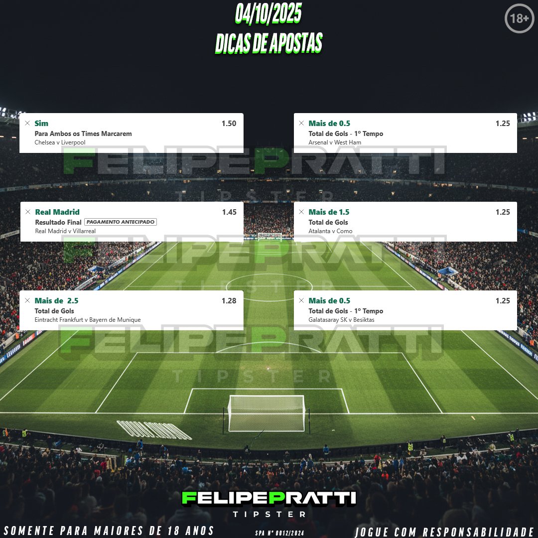 felipepratti21's tweet photo. Palpites de futebol para o dia 04/10/2025
link do canal https://t.co/xD6xC2tKkl

#apostas #apostasesportivas #apostasonline #apostasfutebol #palpites #palpitesdefutebol #palpitesgratis #palpitesesportivos #tip #tips #felipepratti #felipepratti21 #chelsea #liverpool #arsenal https://t.co/IgeckyKja5