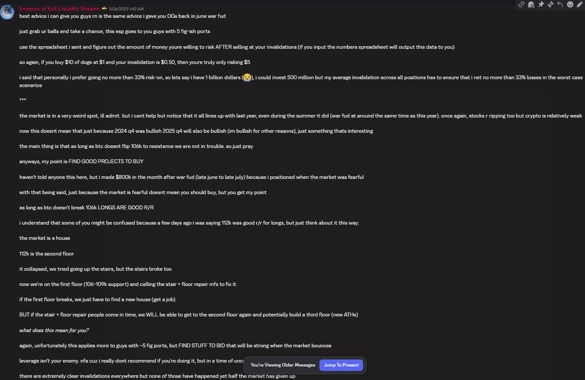 shaams's tweet photo. Macro has never been my edge. 6 months ago, I derisked a huge portion of my port near/at the bottom (granted I bought some spot btc to hedge, but that's besides the point)

In hindsight, that was obviously the wrong move. But after the market started rallying, I realized how important it is to have knowledge on macro. The real compounding gains for your port come from buying local market bottoms with a decent % of your onchain profits 

Since that April bottom, the big onchain plays weren't ones that you had to be online 24/7 to hit (like it was being locked in on memescope during AI meta)

Instead, they've mainly come from sizing in early and holding ($aster, $kta, $4, $sbet, $light, $keycat, $zora, $tibbir, and many more). Because of this, I had a lot of time on my hands

Rather than just playing video games or rotting, I took that time to learn macro. Starting in June-ish, I spent countless hours finding different traders on X and analyzing their calls/hitrate + styles throughout this cycle on a spreadsheet

I spent thousands of dollars paying for courses, Discords, Patreons etc, just so I could learn and be positioned for the next big market dips. Most importantly, I didn't want to just copytrade them. I wanted to actually analyze the market myself. I ended up building my own system, using confluences + styles + indicators that I learned from these traders

Fast forward 4 months, and I was able to lightly derisk my portfolio at local tops (123k/117.5k) & add majors + favorite alts heavy at local bottoms (sub 100k in June, 107k in September/August and recent 108-109k dip)

Regardless of this current PA being a local top or not, I'm honestly just very happy that I was able to dedicate myself to a new skillset and actually see results. Strangely enough, seeing the thesis play out actually feels better than making money lol

This whole cycle, most of my profits have come from onchain plays that didn't really have anything to do with macro. Now, I've added an edge to my skillset and can make money in an additional way

Main reason I'm posting this though is not to brag about a random bottom/top "call," but rather so you can understand that it doesn't really matter where or when you started, or what your current skillset is. You can always develop new edges if you apply yourself properly and use the infinite amount of resources available to you

Also, never let larger figures make you think  your opinion is wrong solely because of their authority. A good example of this recently is Ansem (who is a great trader btw): a lot of people got shaken out of their longs/conviction due to him being bearish. Even I almost got shaken out a couple of times

With that being said, in no way do I consider myself better than Ansem or any other generally good traders who were bearish at this recent bottom just because of my one or two-off successful macro trades. 

I know I have a lot to learn, and the true test of skill is consistency over a long period of time (which Ansem and other traders have proven themselves to being successful with). In any case, it's just cool to see results in real time

Special thanks to @blackwidowbtc @astronomer_zero and @TraderMercury for your insights on the market