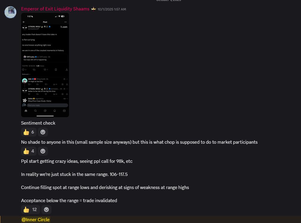shaams's tweet photo. Macro has never been my edge. 6 months ago, I derisked a huge portion of my port near/at the bottom (granted I bought some spot btc to hedge, but that's besides the point)

In hindsight, that was obviously the wrong move. But after the market started rallying, I realized how important it is to have knowledge on macro. The real compounding gains for your port come from buying local market bottoms with a decent % of your onchain profits 

Since that April bottom, the big onchain plays weren't ones that you had to be online 24/7 to hit (like it was being locked in on memescope during AI meta)

Instead, they've mainly come from sizing in early and holding ($aster, $kta, $4, $sbet, $light, $keycat, $zora, $tibbir, and many more). Because of this, I had a lot of time on my hands

Rather than just playing video games or rotting, I took that time to learn macro. Starting in June-ish, I spent countless hours finding different traders on X and analyzing their calls/hitrate + styles throughout this cycle on a spreadsheet

I spent thousands of dollars paying for courses, Discords, Patreons etc, just so I could learn and be positioned for the next big market dips. Most importantly, I didn't want to just copytrade them. I wanted to actually analyze the market myself. I ended up building my own system, using confluences + styles + indicators that I learned from these traders

Fast forward 4 months, and I was able to lightly derisk my portfolio at local tops (123k/117.5k) & add majors + favorite alts heavy at local bottoms (sub 100k in June, 107k in September/August and recent 108-109k dip)

Regardless of this current PA being a local top or not, I'm honestly just very happy that I was able to dedicate myself to a new skillset and actually see results. Strangely enough, seeing the thesis play out actually feels better than making money lol

This whole cycle, most of my profits have come from onchain plays that didn't really have anything to do with macro. Now, I've added an edge to my skillset and can make money in an additional way

Main reason I'm posting this though is not to brag about a random bottom/top "call," but rather so you can understand that it doesn't really matter where or when you started, or what your current skillset is. You can always develop new edges if you apply yourself properly and use the infinite amount of resources available to you

Also, never let larger figures make you think  your opinion is wrong solely because of their authority. A good example of this recently is Ansem (who is a great trader btw): a lot of people got shaken out of their longs/conviction due to him being bearish. Even I almost got shaken out a couple of times

With that being said, in no way do I consider myself better than Ansem or any other generally good traders who were bearish at this recent bottom just because of my one or two-off successful macro trades. 

I know I have a lot to learn, and the true test of skill is consistency over a long period of time (which Ansem and other traders have proven themselves to being successful with). In any case, it's just cool to see results in real time

Special thanks to @blackwidowbtc @astronomer_zero and @TraderMercury for your insights on the market