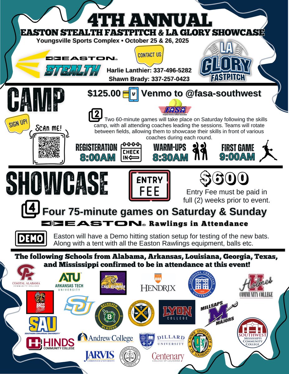 s_brady1's tweet photo. Come showcase with us!
🥎26 teams registered

📋21 Colleges Confirmed

📍Turf Fields at the beautiful Youngsville Sports Complex

Work directly with College Coaches for the camp

Use QR Code or 
🔗 to register

https://t.co/gzeOCBttAj https://t.co/3wpgkFXm0g