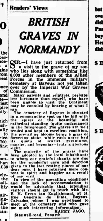 DanielJPhelan_'s tweet image. It’s interesting to read an account Serjeant Harry Jago’s dad wrote after visiting his son’s grave in Bayeux in 1947. His words about the cemetery’s ‘glorious sight’ rang true when I visited in August, almost 80 years later.

📍Bayeux War Cemetery 🇫🇷