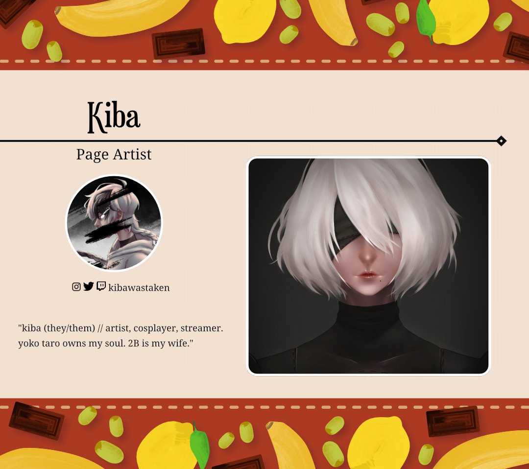 🤍Contributor Spotlight 🤍   

Next up is <a href="/kibawastaken/">kiba × twitchcon SD</a>. 2B is their wife!     

#nier #zine #cookbook