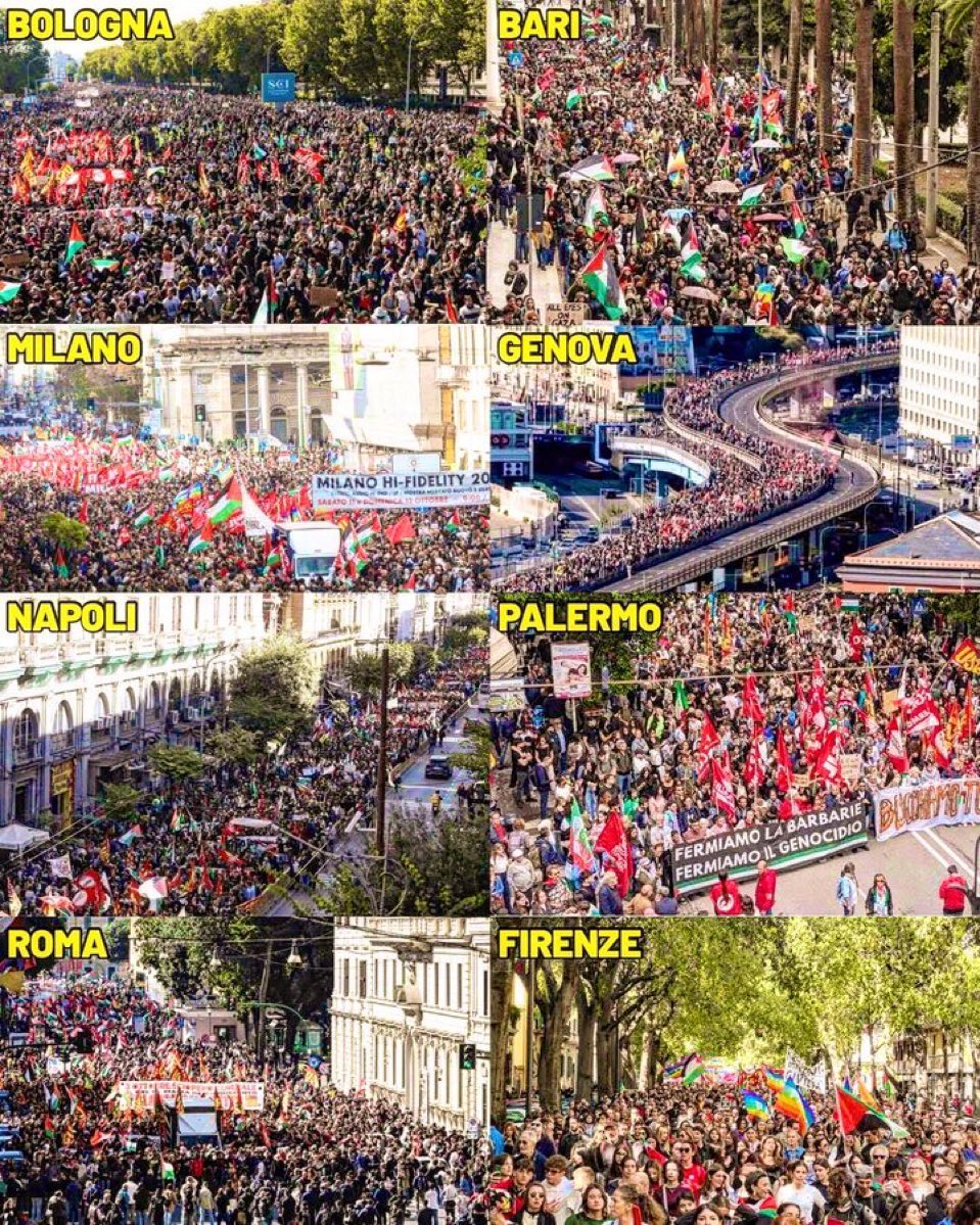 La GRÈVE GÉNÉRALE pour #Gaza du plus grand Syndicat en Italie a réuni plus de 200 000 personnes dans l’ensemble des villes, selon les médias. Les organisateurs parlent d’1 million de personnes. Les peuples italiens, belges, allemands montrent la voie. #StopGazaGenocide
