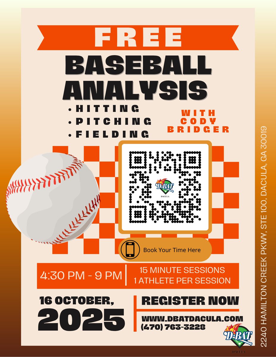 ⚾ FREE Baseball Analysis with Cody Bridger! ⚾

🗓 Date: Wednesday, October 16th
⏰ Time: 4:30 PM – 9:00 PM
⏱ Format: 1 athlete per 15-minute slot
✅ Limit: 1 session per athlete

📲 Sign up now and get ready to take your skills to the next level!

#Baseball #BaseballTraining