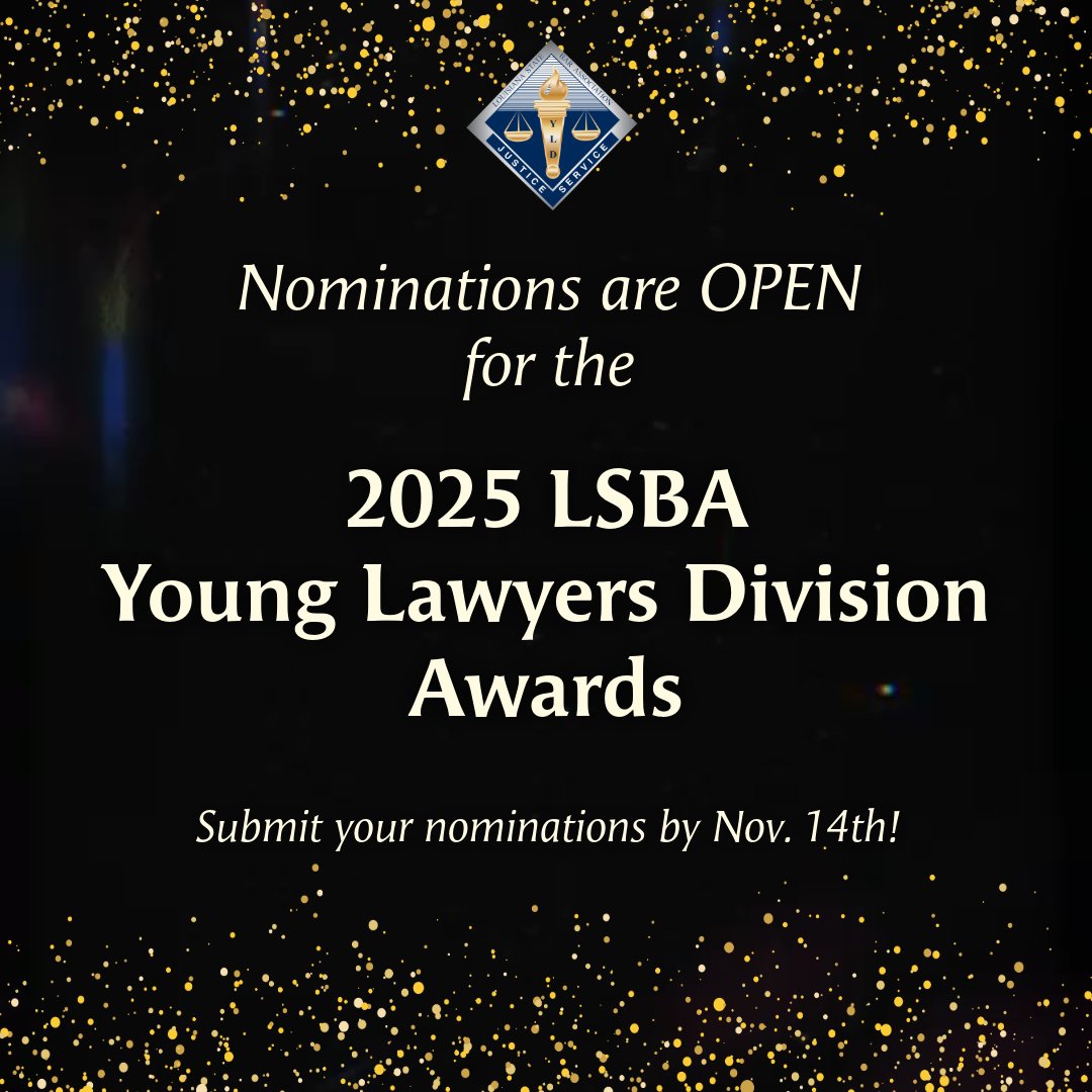 📣 Nominations are now open for the LSBA Young Lawyers Division Awards! If you know a young lawyer who deserves the spotlight this year, nominate them today at forms.fillout.com/t/iKXrpgf5YDus